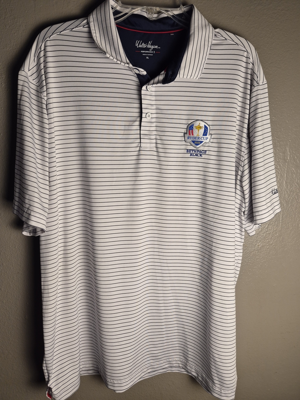 Walter Hagen White Polo with Navy Pinstripes and Ryder Cup Emblem